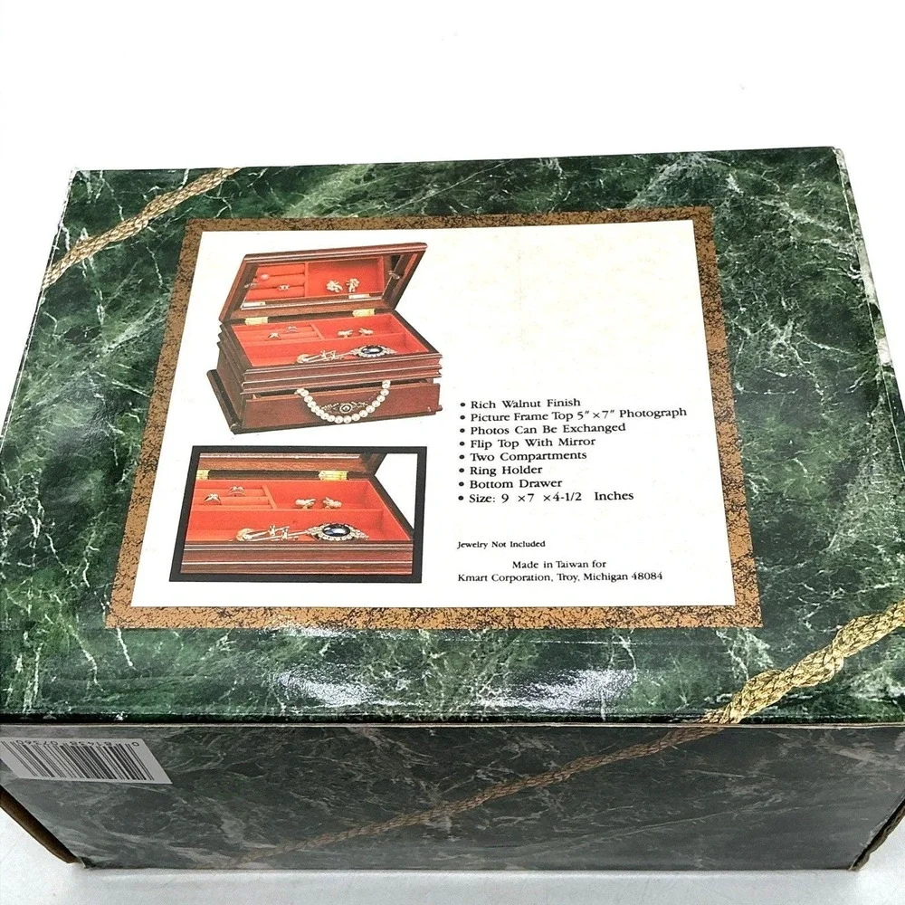 Vintage Ladies Walnut Finish Jewelry Box w Mirror Photo‎ Frame New in Box